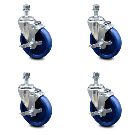 Service Caster 5 Inch Solid Polyurethane Swivel 3/8 Inch Threaded Stem Caster Set with Brake SCC-TS20S514-SPUS-TLB-381615-4